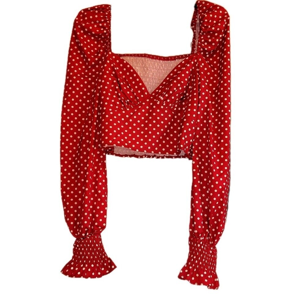 Red Polka Dot Cropped Blouse | Long Puff Sleeve Cottagecore Smocked Top